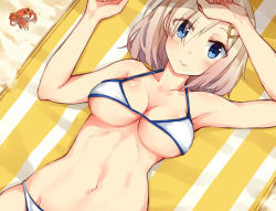 Rule 34 | 10s, 1girl, alternate costume, arm at side, armpits, bare shoulders, beach, bikini, breasts, collarbone, crab, eyes visible through hair, from above, hair over one eye, halterneck, hamakaze (kancolle), hand on forehead, kantai collection, large breasts, looking at viewer, lying, maruhana, micro bikini, midriff, navel, on back, sand, silver hair, smile, solo, stomach, striped towel, swimsuit, underboob, upper body, white bikini, yellow towel