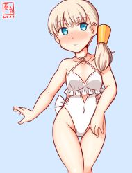 Rule 34 | 1girl, artist logo, blonde hair, blue background, blue eyes, blunt bangs, casual one-piece swimsuit, choker, commentary request, cosplay, cowboy shot, dated, flat chest, flower, frilled one-piece swimsuit, frilled swimsuit, frills, hair flower, hair ornament, hairband, highleg, highleg swimsuit, kanon (kurogane knights), kantai collection, long hair, looking at viewer, one-hour drawing challenge, one-piece swimsuit, sagiri (kancolle), sagiri (kancolle) (cosplay), shin&#039;you (kancolle), side-tie swimsuit, simple background, solo, standing, swimsuit, white choker, white one-piece swimsuit