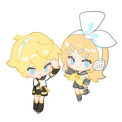 Rule 34 | 1boy, 1girl, arm up, black shorts, black sleeves, blonde hair, blue eyes, bow, chibi, chinese commentary, closed mouth, detached sleeves, full body, grin, hair between eyes, hair bow, hand on own hip, headset, highres, indai (3330425), index finger raised, kagamine len, kagamine rin, leg warmers, light blush, long hair, neckerchief, necktie, parted bangs, shirt, short sleeves, shorts, simple background, sleeveless, sleeveless shirt, smile, standing, standing on one leg, vocaloid, white background, white bow, white shirt, yellow neckerchief, yellow necktie