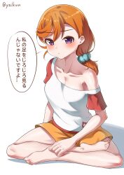 Rule 34 | 1girl, bare legs, barefoot, blush, breasts, closed mouth, collarbone, feet, full body, hair ornament, hair scrunchie, highres, legs, long hair, looking at viewer, love live!, love live! superstar!!, off shoulder, on ground, orange hair, orange shorts, ponytail, purple eyes, scrunchie, shibuya kanon, shiny skin, shirt, short shorts, shorts, simple background, sitting, small breasts, solo, speech bubble, swept bangs, t-shirt, thighs, toenails, toes, translation request, twitter username, white background, yzlkun