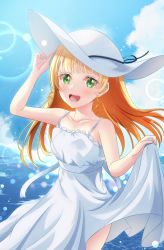 Rule 34 | 1girl, absurdres, bare legs, blonde hair, blue sky, blunt bangs, blush, cloud, commentary request, dress, green eyes, heanna sumire, highres, lens flare, long hair, looking at viewer, love live!, love live! superstar!!, ocean, open mouth, sa07 drawing, sky, smile, solo, sundress, sunlight, teeth, upper teeth only, white dress, white headwear