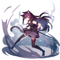 Rule 34 | 1girl, animal ears, arknights, arm garter, black gloves, cat, cat ears, collar, criss-cross halter, dress, feng you, fingerless gloves, gloves, halterneck, holding, holding sword, holding weapon, holster, long hair, looking at viewer, melantha (arknights), open clothes, open vest, pink eyes, purple dress, purple hair, scabbard, sheath, short dress, solo, sword, thigh holster, thighhighs, vest, weapon