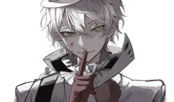 Rule 34 | 1boy, absurdres, ascot, bungou stray dogs, closed mouth, finger to mouth, gloves, green eyes, hair between eyes, heterochromia, highres, jacket, looking at viewer, male focus, nikolai gogol (bungou stray dogs), portrait, red gloves, short hair, simple background, solo, white ascot, white background, white hair, white headwear, white jacket, ya ta, yellow eyes