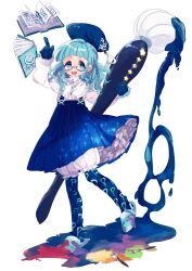 Rule 34 | 1girl, blue dress, blue eyes, blue gloves, blue hair, blue pantyhose, blue theme, book, dress, full body, glasses, gloves, hat, looking at viewer, matching hair/eyes, open book, open mouth, paint, paintbrush, pantyhose, petticoat, pixiv, pixiv-tan, pointing, pointing up, solo, star (symbol), torokeru