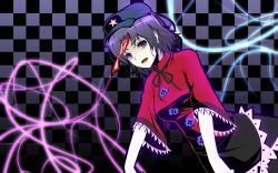 Rule 34 | 1girl, bags under eyes, black hair, checkered background, chinese clothes, dutch angle, gayprince, grey eyes, hat, highres, jiangshi, miyako yoshika, ofuda, open mouth, outstretched arms, pale skin, short hair, solo, star (symbol), touhou, zombie pose
