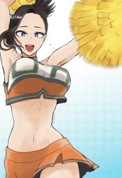 Rule 34 | 1girl, alternate eye color, armpits, arms up, belly, black hair, blue background, blue eyes, boku no hero academia, breasts, cheerleader, forehead, groin, highres, jumping, large breasts, laughing, looking at viewer, midriff, miniskirt, navel, open mouth, pom pom (cheerleading), simple background, skirt, sleeveless, smile, solo, ss128256, sweat, thighs, tongue, white background, yaoyorozu momo