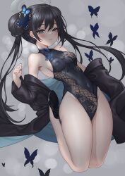 Rule 34 | 1girl, black dress, black hair, blue archive, braid, braided bun, butterfly hair ornament, china dress, chinese clothes, covered erect nipples, covered navel, double bun, dragon print, dress, grey eyes, hair bun, hair ornament, halo, highres, impossible clothes, impossible dress, kisaki (blue archive), legs folded, loafers, long hair, pelvic curtain, pinkcap, print dress, shoes, short dress, side slit, sleeveless, sleeveless dress, thighs, twintails