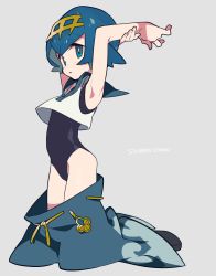 Rule 34 | 1girl, :o, armpits, arms behind head, arms up, bad id, bad pixiv id, bare arms, bare legs, bare shoulders, black one-piece swimsuit, blue eyes, blue hair, blue pants, blush, character name, clothes pull, creatures (company), crop top, eyes visible through hair, fingernails, game freak, hair between eyes, hairband, highres, holding own arm, kneeling, lana (pokemon), mochizuki kei, nintendo, one-piece swimsuit, open mouth, pants, pants pull, pokemon, pokemon sm, sailor collar, sandals, shirt, short hair, silver background, simple background, sleeveless, sleeveless shirt, solo, swimsuit, trial captain, white shirt, yamada kei