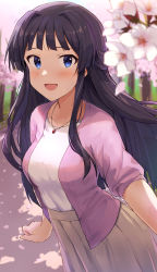 Rule 34 | 1girl, :d, absurdres, black hair, blue eyes, blunt bangs, blush, brown skirt, cherry blossoms, collarbone, commentary request, commission, highres, idolmaster, idolmaster million live!, jewelry, long hair, looking at viewer, mogami shizuka, necklace, open mouth, pixiv commission, shirt, short sleeves, shuucream (syuichi), skirt, smile, solo, white shirt