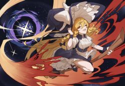 Rule 34 | 1girl, absurdres, apron, blonde hair, bow, braid, broom, broom riding, chinese commentary, commentary request, devilkillerx, hair bow, hair tubes, hat, hat bow, highres, kirisame marisa, side braid, single braid, solo, star (sky), touhou, touhou lost branch of legend, waist apron, white bow, witch hat, yellow eyes