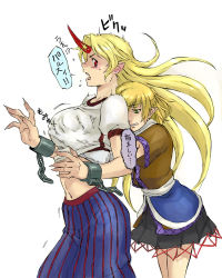 2girls blonde_hair blush breast_envy breasts female_focus grabbing_another&#039;s_breast groping horns hoshiguma_yuugi large_breasts long_hair midriff mizuhashi_parsee multiple_girls pointy_ears short_hair single_horn touhou translation_request wakky yuri