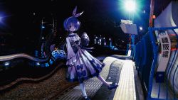 Rule 34 | 1girl, :o, absurdres, afternooners, blue eyes, blue hair, bow, distortion, dress, empty eyes, fence, frilled dress, frills, hair bow, headband, highres, kisaragi station, lens flare, looking at viewer, mojibake text, night, original, outdoors, pants, photo background, railroad tracks, screencap, shoes, short hair, sleeves past wrists, solo, standing, standing on one leg, tactile paving, train station, urban, urban legend, white pants