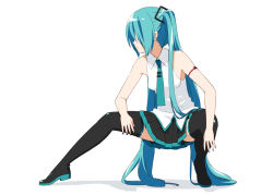 Rule 34 | 1girl, aqua hair, aqua nails, aqua necktie, bare shoulders, black skirt, black thighhighs, boots, commentary, expressionless, from side, full body, hair ornament, hair over eyes, hair over one eye, hatsune miku, kani biimu, long hair, miniskirt, nail polish, necktie, outstretched leg, pleated skirt, shadow, shirt, shoulder tattoo, skirt, sleeveless, sleeveless shirt, solo, squatting, tattoo, thigh boots, thighhighs, twintails, very long hair, vocaloid, lat model (mikumikudance), white background, white shirt
