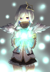 Rule 34 | 1girl, absurdres, amane kanata, amane kanata (1st costume), angel wings, armband, bob cut, cero421, colored inner hair, commentary request, cowboy shot, energy, glowing, grey background, halo, highres, hololive, looking down, multicolored hair, purple eyes, short hair, silhouette, single hair intake, solo, star halo, virtual youtuber, wings