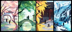 Rule 34 | absurdres, autumn, autumn leaves, bridge, broom, building, character request, cherry blossoms, day, furrysum, highres, holding, holding broom, lee jaha, outdoors, return of the mad demon, scenery, seasons, snow, spring (season), standing, summer, tree, water, winter