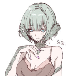 1girl artist_name au_ra bare_shoulders blue_eyes breasts cleavage closed_mouth dragon_girl dragon_horns eyelashes final_fantasy final_fantasy_xiv fingernails green_hair green_horns hair_between_eyes hand_up highres horn_piercing horns lakugali_shiki medium_breasts nail_polish purple_nails scales short_hair simple_background solo split_mouth upper_body warrior_of_light_(ff14) white_background