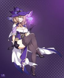 Rule 34 | 1girl, arm support, blonde hair, breasts, cleavage, crossed legs, flower, genshin impact, gloves, green eyes, hat, high heels, highres, large breasts, lisa (genshin impact), looking at viewer, parted lips, purple background, purple hat, r3dfive, rose, short hair, signature, smile, solo, thighs, witch hat