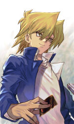 Rule 34 | 1boy, blonde hair, blue jacket, brown eyes, card, closed mouth, domino high school uniform, highres, holding, holding card, jacket, jonouchi katsuya, long sleeves, male focus, open clothes, open jacket, school uniform, shirt, smile, solo, tomaton (t 0), upper body, white shirt, yu-gi-oh!, yu-gi-oh! duel monsters