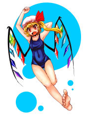 Rule 34 | 1girl, armpits, barefoot, blonde hair, blue one-piece swimsuit, cameltoe, embodiment of scarlet devil, fang, feet, female focus, flandre scarlet, foreshortening, full body, hat, highres, kitayuki kajika, one-piece swimsuit, open mouth, red eyes, school swimsuit, side ponytail, simple background, sketch, solo, swimsuit, toes, touhou, wings