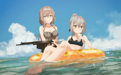 Rule 34 | 2girls, bare arms, bare legs, bare shoulders, barefoot, beach, blue eyes, blue sky, blush, breasts, brown eyes, brown hair, cleavage, cloud, cloudy sky, collarbone, commentary request, crossed bangs, cup, day, disposable cup, drinking straw, eve (chihuri), gingham, grey hair, gun, half-closed eyes, holding, holding gun, holding weapon, horizon, innertube, jewelry, large breasts, long hair, looking at viewer, multiple girls, necklace, ocean, original, outdoors, sky, small breasts, smile, swim ring, swimsuit, weapon, weapon request
