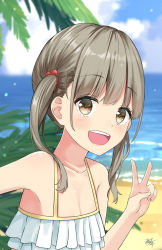 Rule 34 | 1girl, :d, bad id, bad pixiv id, bare arms, bare shoulders, beach, bikini, blue sky, brown eyes, brown hair, cloud, cloudy sky, collarbone, commentary request, day, fingernails, hair bobbles, hair ornament, hand up, highres, horizon, layered bikini, long hair, looking at viewer, miko fly, ocean, open mouth, original, outdoors, reaching, reaching towards viewer, round teeth, sand, selfie, sidelocks, signature, sky, smile, solo, swimsuit, teeth, twintails, upper teeth only, v, water, white bikini