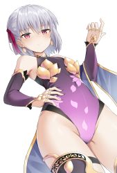 Rule 34 | 1girl, adapted costume, bad id, bad pixiv id, bare shoulders, black thighhighs, blush, breasts, closed mouth, copiz, detached sleeves, expressionless, fate/grand order, fate (series), from below, groin, hair ribbon, hand on own hip, hand up, highres, jewelry, kama (fate), kama (first ascension) (fate), leotard, long sleeves, looking at viewer, looking down, pink eyes, purple leotard, red ribbon, ribbon, ring, short hair, silver hair, simple background, small breasts, solo, thighhighs, thighs, white background
