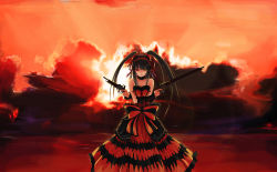 Rule 34 | 10s, 1girl, absurdres, bare shoulders, black hair, breasts, cleavage, clock eyes, cloud, date a live, dress, dual wielding, gun, hairband, heterochromia, highres, holding, lolita fashion, lolita hairband, long hair, looking at viewer, red eyes, ribbon, rifle, smile, solo, sunset, symbol-shaped pupils, tokisaki kurumi, twintails, weapon, yellow eyes, zxhautumn
