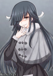 Rule 34 | 10s, 1girl, anti (untea9), black dress, black hair, brown eyes, casual, cloak, cowboy shot, dress, grey background, hair ornament, hair over one eye, hand on own chin, hayashimo (kancolle), highres, kantai collection, long hair, long sleeves, looking at viewer, shaded face, simple background, smile, solo, standing, twitter username