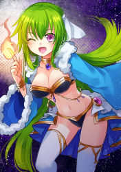Rule 34 | 1girl, ;d, bracelet, breasts, choker, coat, fire, fire, fur trim, green hair, index finger raised, jewelry, leaning forward, long hair, lots of jewelry, medium breasts, midriff, navel, noma (kifyz23), one eye closed, open mouth, original, pendant, pink eyes, smile, solo, thighhighs, very long hair, white thighhighs, wink