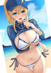 Rule 34 | 1girl, akatsuki ikki, arm under breasts, artoria pendragon (fate), baseball cap, beach, bikini, blonde hair, blue eyes, blue hat, blush, breast hold, breasts, cleavage, commentary request, day, fate/grand order, fate (series), finger to mouth, hat, highres, large breasts, long hair, looking at viewer, mysterious heroine x (fate), mysterious heroine xx (fate), navel, open mouth, outdoors, ponytail, revision, shrug (clothing), side-tie bikini bottom, solo, standing, stomach, swimsuit, tongue, tongue out, white bikini, zipper