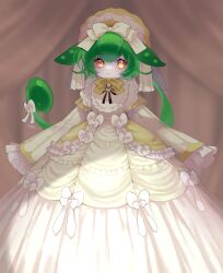 Rule 34 | 1girl, :3, alternate costume, black ribbon, blush, bonnet, bow, chin strap, closed mouth, commentary request, curtains, dress, eyeliner, feet out of frame, frilled dress, frilled sleeves, frills, green hair, hair bow, highres, layered dress, lolita fashion, long dress, long sleeves, looking at viewer, low ponytail, makeup, marutsubo, neck ribbon, ribbon, sleeves past fingers, sleeves past wrists, solo, standing, voicevox, white bow, yellow eyes, zundamon