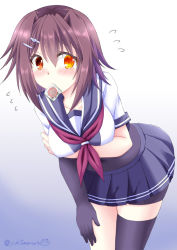 Rule 34 | 1girl, arm under breasts, artist name, black gloves, blue sailor collar, blue skirt, blush, brown eyes, brown hair, condom, condom in mouth, condom wrapper, elbow gloves, furutaka (kancolle), gloves, hair ornament, heterochromia, kantai collection, kerchief, looking at viewer, mouth hold, nervous, pleated skirt, red neckwear, sailor collar, school uniform, serafuku, short hair, signature, simple background, single elbow glove, skirt, solo, tamagawa yukimaru, tears