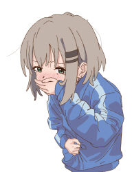 Rule 34 | 1girl, blue jacket, blush, covering own mouth, cropped torso, doublep0ints, furrowed brow, green eyes, hair ornament, hairclip, hand on own stomach, hand over own mouth, hand up, highres, imminent vomiting, jacket, leaning forward, light brown hair, long sleeves, looking at viewer, medium hair, nausea, nose blush, sidelocks, simple background, solo, tearing up, track jacket, white background, yama no susume, yukimura aoi