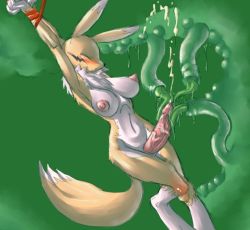 Rule 34 | 1girl, animal ears, armpits, arms up, bdsm, blush, bondage, bound, bound arms, bound wrists, breasts, breasts apart, cum, digimon, digimon (creature), ejaculation, closed eyes, furry, futanari, green background, hip focus, huge nipples, l1zardman, large areolae, large penis, legs, navel, nipples, nude, open mouth, penis, profile, rape, renamon, sketch, tail, tentacles, uncensored, veins, veiny penis, wince