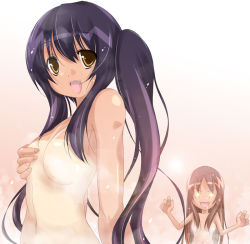 Rule 34 | 00s, 2girls, bath, breasts, brown eyes, brown hair, censored, completely nude, convenient censoring, k-on!, long hair, multiple girls, nakano azusa, nipples, nude, one-piece tan, purple hair, small breasts, star (symbol), steam, tan, tanline, twintails, yamanaka sawako, yumesato makura