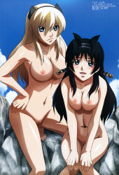 Rule 34 | 2girls, :d, absurdres, annoyed, barefoot, black hair, blonde hair, blue eyes, blue sky, blush, breasts, breasts squeezed together, cloud, covered erect nipples, day, druaga no tou, fatina, feet, female focus, frown, hair between eyes, hair ribbon, hairband, hand on own hip, hands on own knees, highres, kaaya, knees together feet apart, kusaka takeshi, large breasts, leg lift, long hair, looking at viewer, multiple girls, navel, nipples, non-web source, nude, nude filter, open mouth, outdoors, public indecency, public nudity, pussy, ribbon, rock, scan, sidelocks, sitting, sky, smile, spread legs, squatting, standing, third-party edit, tiptoes, uncensored
