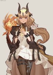 Rule 34 | 1girl, :o, arknights, black pantyhose, blonde hair, commentary request, cowboy shot, dress, flame-tipped tail, floral print, flower, grey background, grey eyes, hair flower, hair ornament, highres, horns, infection monitor (arknights), long hair, looking at viewer, maril zu, open mouth, pantyhose, reed (arknights), reed the flame shadow (arknights), simple background, solo, standing, thigh strap, very long hair, white dress, white flower