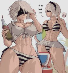 Rule 34 | 2b (nier:automata), abs, alternate muscle size, ball, beachball, bikini, black blindfold, black hairband, blindfold, breasts, chibi, chibi inset, cleavage, cooler, curvy, drinking straw, english text, hairband, highres, large breasts, metal gear (series), metal gear rising: revengeance, micro bikini, muscular, muscular female, nier:automata, nier (series), oil can, palm tree, raiden (metal gear), shirt, simple background, soda, soda bottle, striped bikini, striped clothes, swimsuit, thick thighs, thighs, tied shirt, toned, tree, wide hips, yoracrab