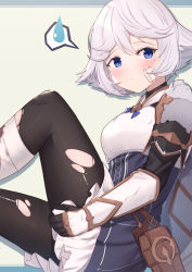 Rule 34 | 1girl, armor, bandaged leg, bandages, black gloves, black pantyhose, blue dress, blue eyes, blush, breasts, closed mouth, commentary request, damaged, dress, farrah (granblue fantasy), frilled dress, frills, gauntlets, gloves, granblue fantasy, hair between eyes, hair flaps, highres, looking at viewer, medium breasts, pantyhose, pauldrons, revision, shoulder armor, solo, spoken sweatdrop, sweatdrop, torn clothes, torn pantyhose, uneg, white hair