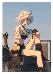 Rule 34 | 1girl, aa-aster, absurdres, ahoge, arm support, artist logo, artist name, belt, black belt, black collar, black survival, blue sky, boots, border, box, breasts, chainsaw, cleavage, collar, crop top, crossed belts, eternal return: black survival, gloves, hair between eyes, hand on own leg, highres, jackie quilt, looking at viewer, medium breasts, midriff, multiple belts, navel, no scar, no tattoo, official alternate costume, parted lips, power tool, red eyes, shadow, short hair, short shorts, shorts, sign, sitting, sitting on box, sky, smile, solo, teeth, two-tone footwear, two-tone gloves, white border, white hair, zipper pull tab