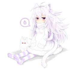 Rule 34 | 1girl, ahoge, animal ears, cat, cat ears, cat girl, cat tail, commentary request, dress, expressionless, full body, fur-trimmed dress, fur trim, long hair, long sleeves, mofuaki, original, pantyhose, shiro (mofuaki), sitting, solo, striped clothes, striped legwear, striped pantyhose, sweater, sweater dress, tail, turtleneck, turtleneck sweater