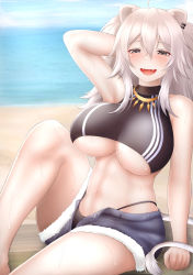 Rule 34 | 1girl, animal ears, arm behind head, arm up, beach, blue sky, breasts, fangs, highres, hololive, hot, huge breasts, knee up, lion, long hair, looking at viewer, mee don, midriff, navel, open mouth, shishiro botan, shorts, silver hair, sitting, sky, smile, summer, sweat, swimsuit, tail, thighs, underboob, virtual youtuber, water