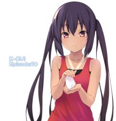 Rule 34 | 1girl, black hair, brown eyes, closed mouth, clothing request, commentary request, copyright name, episode number, food, food on face, hair between eyes, holding, holding food, k-on!, long hair, looking at viewer, nakano azusa, onigiri, rice, rice on face, sakana (flame sakana), simple background, smile, solo, twintails, upper body, white background