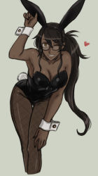 Rule 34 | 1girl, animal ears, bare shoulders, bent over, breasts, brown hair, cleavage, collarbone, commentary request, dark-skinned female, dark skin, drill (emilio), fake animal ears, feet out of frame, glasses, gluteal fold, grey background, hair between eyes, heart, highres, leotard, long hair, looking at viewer, medium breasts, myra (drill (emilio)), one eye closed, original, pantyhose, playboy bunny, ponytail, rabbit ears, rabbit tail, simple background, sleeveless, smile, solo, strapless, strapless leotard, tail, wrist cuffs