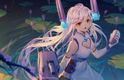 Rule 34 | 1girl, ahoge, anchor, bare shoulders, blurry, blurry foreground, branch, breasts, brown eyes, cannon, chain, clothing cutout, commentary request, depth of field, dress, elbow gloves, fang, flower, gloves, glowing, hand up, headgear, heart cutout, holding, ji dao ji, le fantasque (warship girls r), lily pad, long hair, looking at viewer, machinery, open mouth, pink flower, rain, ripples, silver hair, sleeveless, sleeveless dress, small breasts, solo, turret, very long hair, warship girls r, water, white dress, white gloves