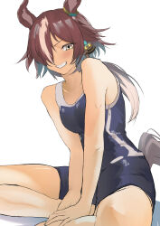 Rule 34 | 1girl, absurdres, animal ears, bare arms, bare shoulders, black one-piece swimsuit, brown eyes, closed mouth, clothing cutout, commentary request, competition school swimsuit, fagrp12, feet out of frame, from behind, grin, hair over one eye, highres, horse ears, horse girl, horse tail, knee up, long hair, multicolored hair, one-piece swimsuit, school swimsuit, sitting, smile, solo, streaked hair, swimsuit, tail, tail through clothes, tracen swimsuit, umamusume, very long hair, vodka (umamusume), white hair