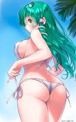 Rule 34 | 1girl, ass, bad id, bad pixiv id, bikini, blue sky, blush, breasts, butt crack, closed mouth, commentary request, dated, day, frog hair ornament, green eyes, green hair, hair ornament, highres, kochiya sanae, large breasts, long hair, looking at viewer, looking back, side-tie bikini bottom, sky, smile, snake hair ornament, solo, swimsuit, touhou, white bikini, yamaguchi yuu