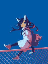 Rule 34 | 1girl, animal ears, backpack, bag, black legwear, blue background, blue eyes, cat ears, commentary request, converse, fence, full body, jumping, long hair, original, pink footwear, shoes, slit pupils, sneakers, solo, tail, torimomu