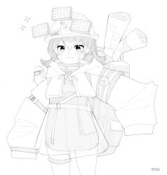 Rule 34 | 1girl, animal, animal on shoulder, arknights, backpack, bag, bare shoulders, bird, bird on shoulder, cement (arknights), closed mouth, cowboy shot, crop top, dress, greyscale, hard hat, helmet, highres, hood, hood down, long sleeves, looking at viewer, monochrome, multicolored hair, see-through, simple background, sleeves past wrists, smile, soda (sod4), solo, sparkle, thigh strap, two-tone hair, white background