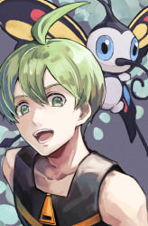 Rule 34 | 1boy, aaron (pokemon), ahoge, bare arms, beautifly, collarbone, commentary request, creatures (company), game freak, gen 3 pokemon, green hair, grey background, hair between eyes, looking at viewer, male focus, nintendo, open mouth, pokemon, pokemon (creature), pokemon dppt, short hair, sleeveless, smile, teeth, tongue, tsukumo (shiro bnal), zipper pull tab